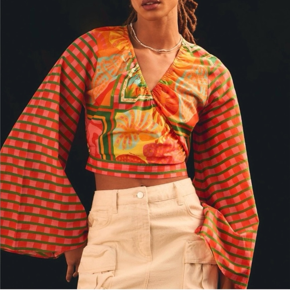 FARM Rio Vibrant Floral and Checkered Crop Top